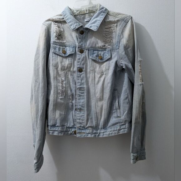 Fashion Nova Distressed Ripped Denim Jean Jacket, Women's Large - Picture 1 of 14